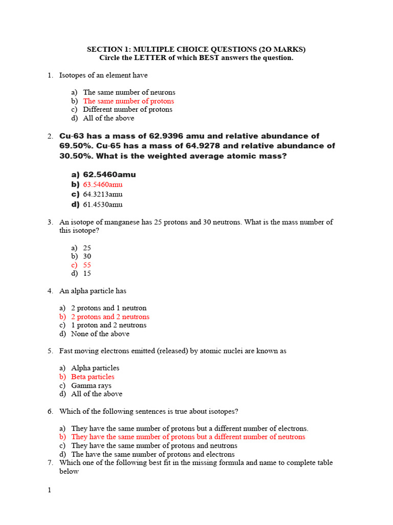 Chemistry Exam Questions | PDF | Chemical Compounds | Neutron