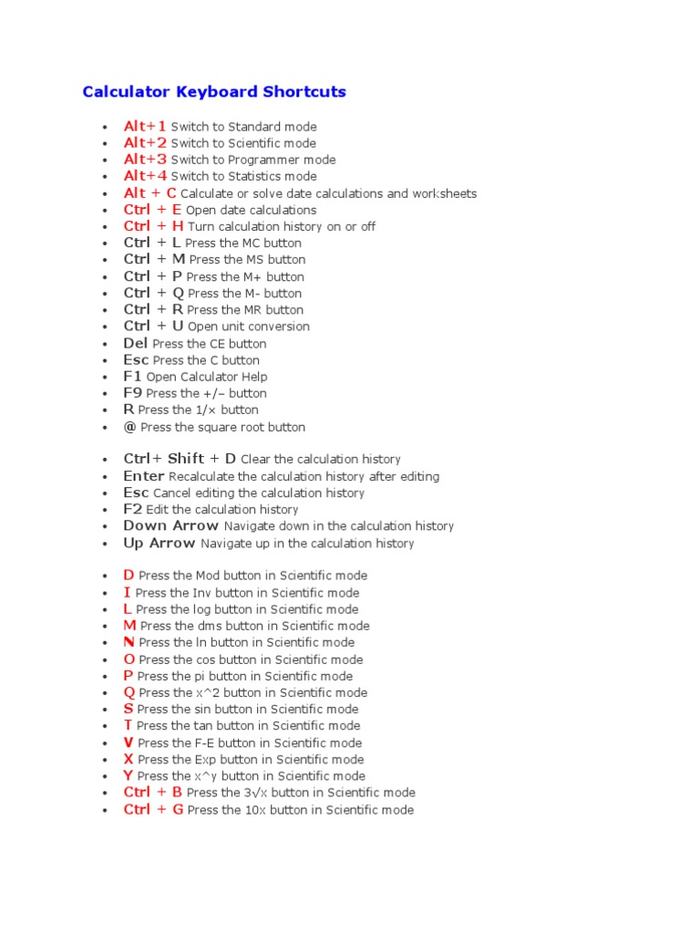 Calculator Keyboard Shortcuts Alt+1 Alt+2 Alt+3 Alt+4 Alt + C CTRL + E CTRL + H PDF