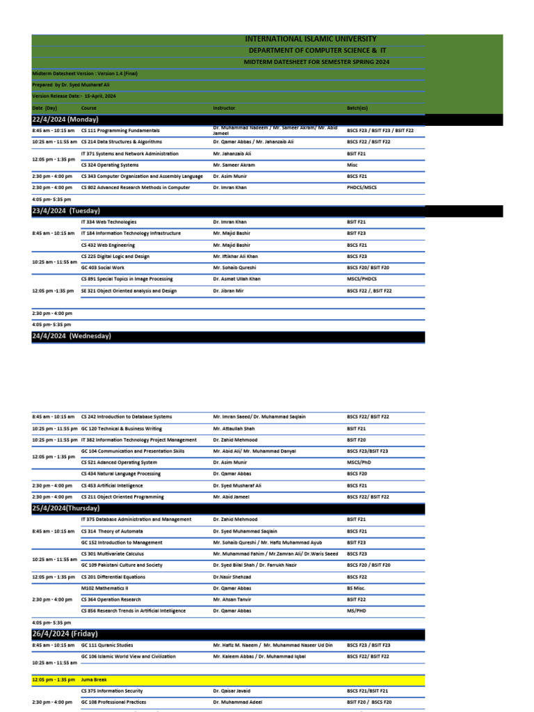 Spring 2024 Midterm Schedule - IIU | PDF | Computing