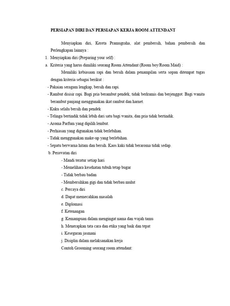 Persiapan Diri Dan Persiapan Kerja Room Attendant Pdf