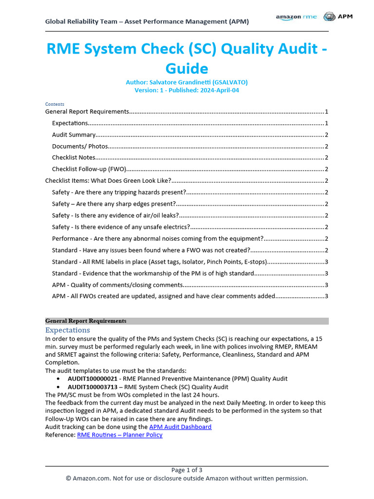 RME System Check (SC) Quality Audit - Guide | PDF | Reliability ...