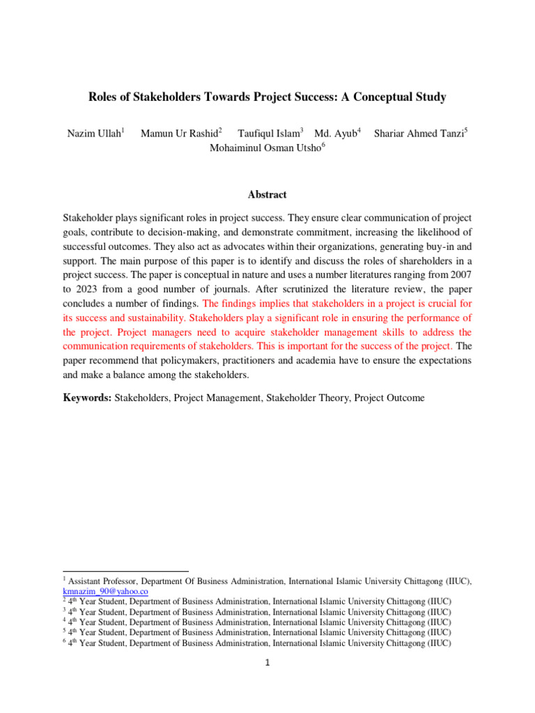 Stakeholder Roles In Project Success Pdf Stakeholder Corporate