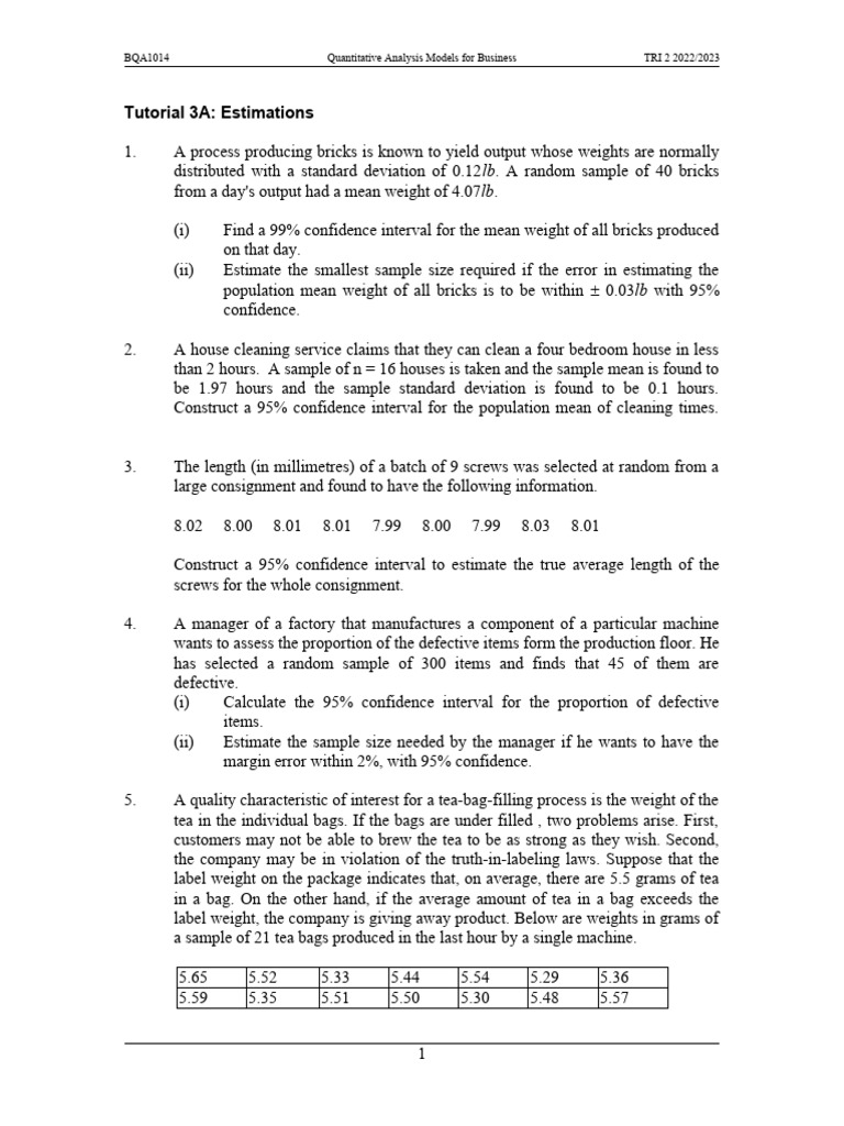 Tutorial 3A | PDF | Sample Size Determination | Confidence Interval