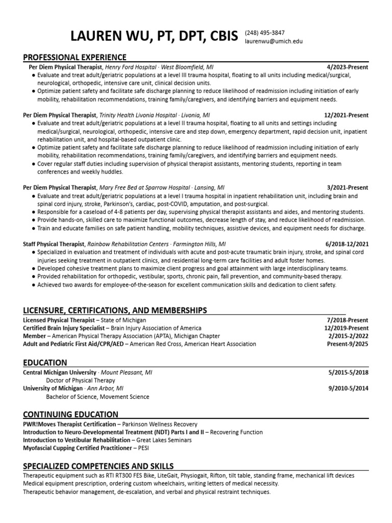 Lauren Wu PT DPT Cbis Resume Updated 6-30-2023 | PDF | Physical Therapy ...