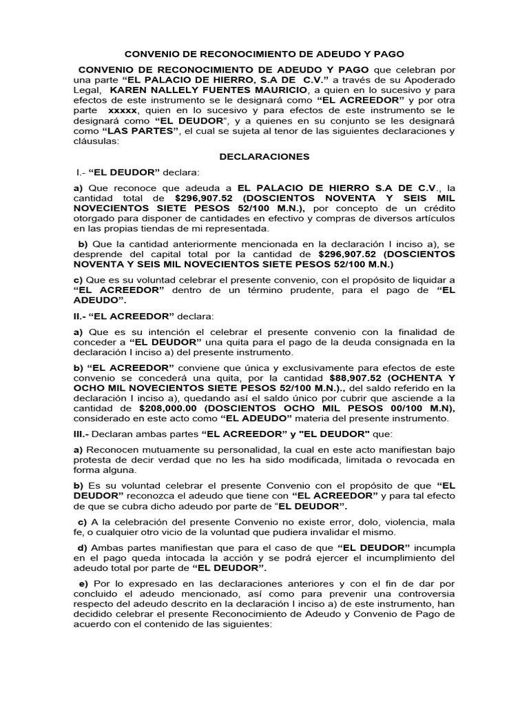 Convenio de Reconocimiento de Adeudo DD PDF Pagos
