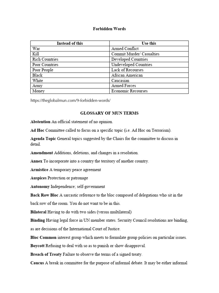 Glossary of MUN Terms and Forbidden Words | PDF | United Nations ...