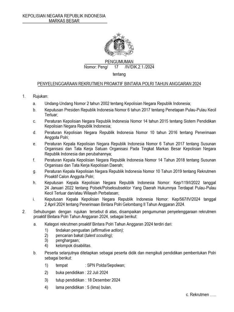 Pengumuman rekrutmen proaktif dalam penerimaan bintara polri ta 2024 pdf