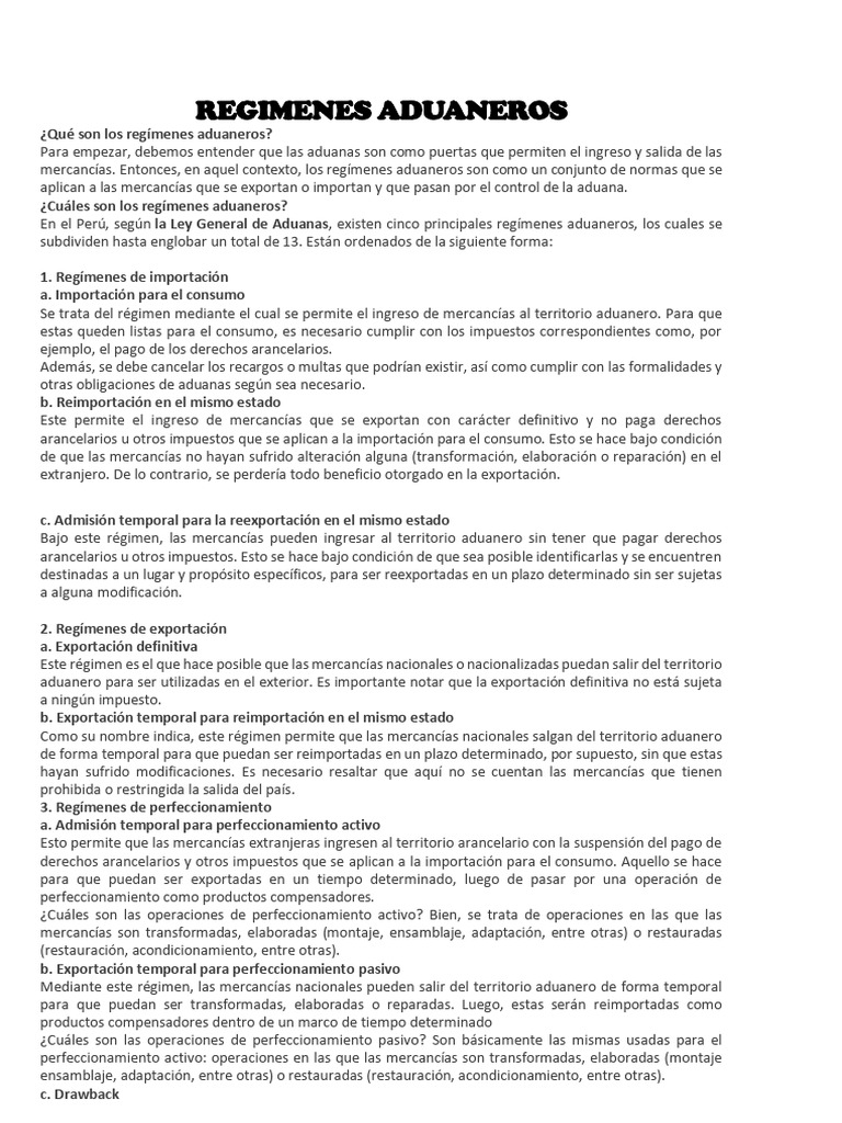 Tipos de Regímenes Aduaneros en Perú | PDF | aduana | Arancel