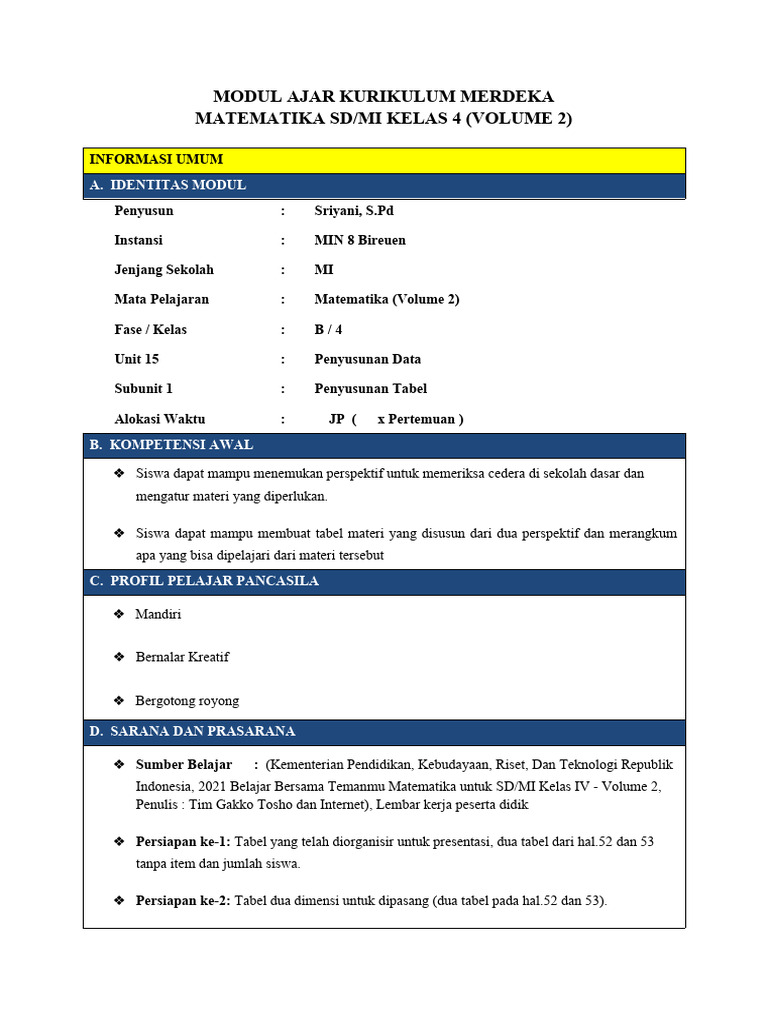 Modul Ajar Matematika Kelas 4 MI | PDF | Karier & Perkembangan