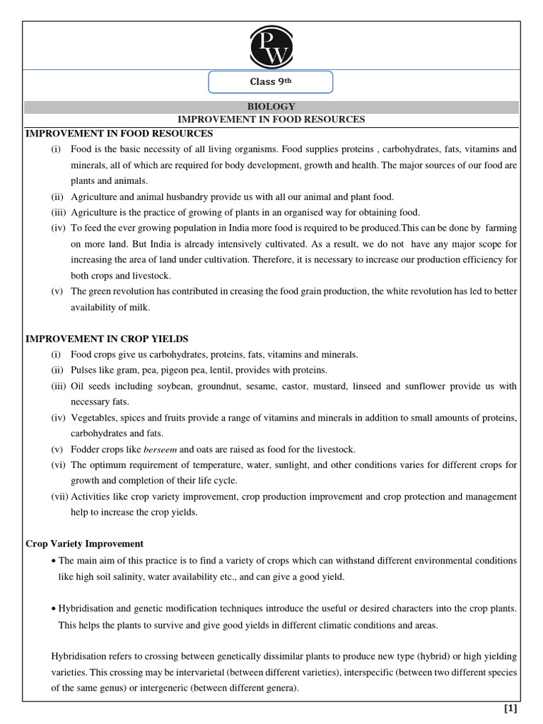 Improvement in Food Resources - Short Notes | PDF | Soil | Agriculture