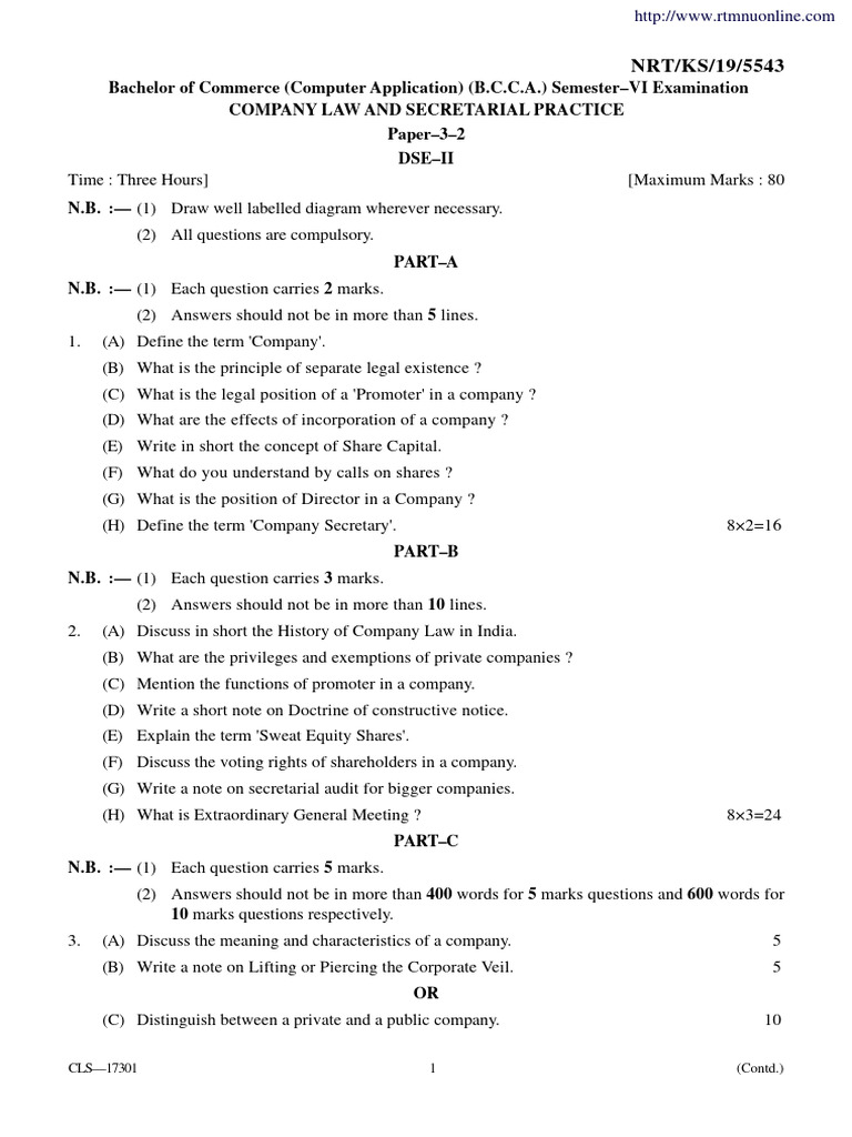 Bcca 6 Sem Company Law and Secretarial Practice 5543 Summer 2019 | PDF ...