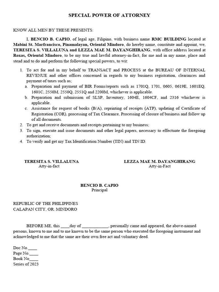 Special Power of Attorney PDF Power Of Attorney Receipt