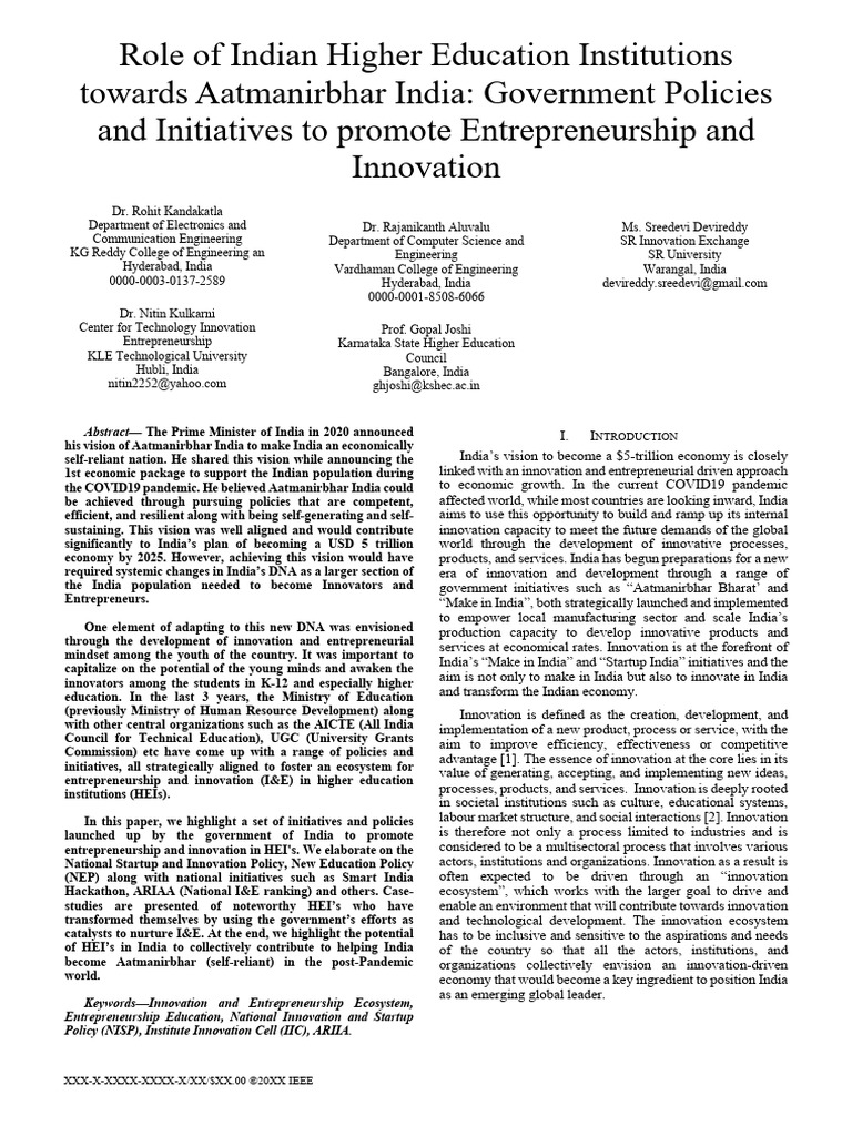 Role of Indian Higher Education Institutions Towards Aatmanirbhar India ...