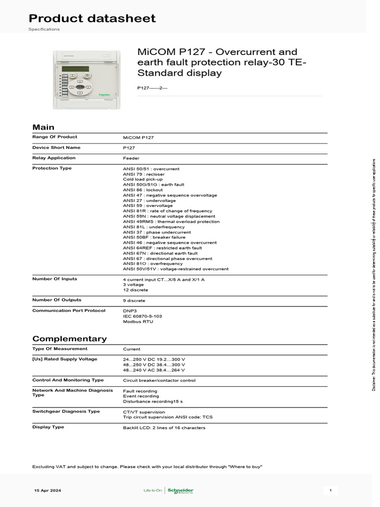 MiCOM P127 Relay Overview and Specs | PDF | Power (Physics ...