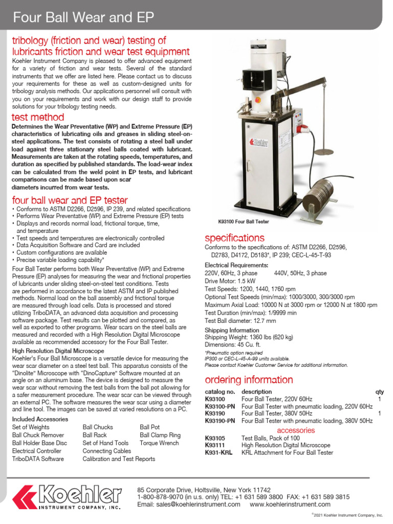 K93100, K93190 - Four Ball Tester - Technical Datasheet | PDF | Wear ...