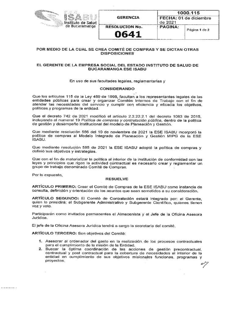 Resolucion 641 de 2021 POR EL CUAL SE CREA COMITE DE COMPRAS Y | PDF