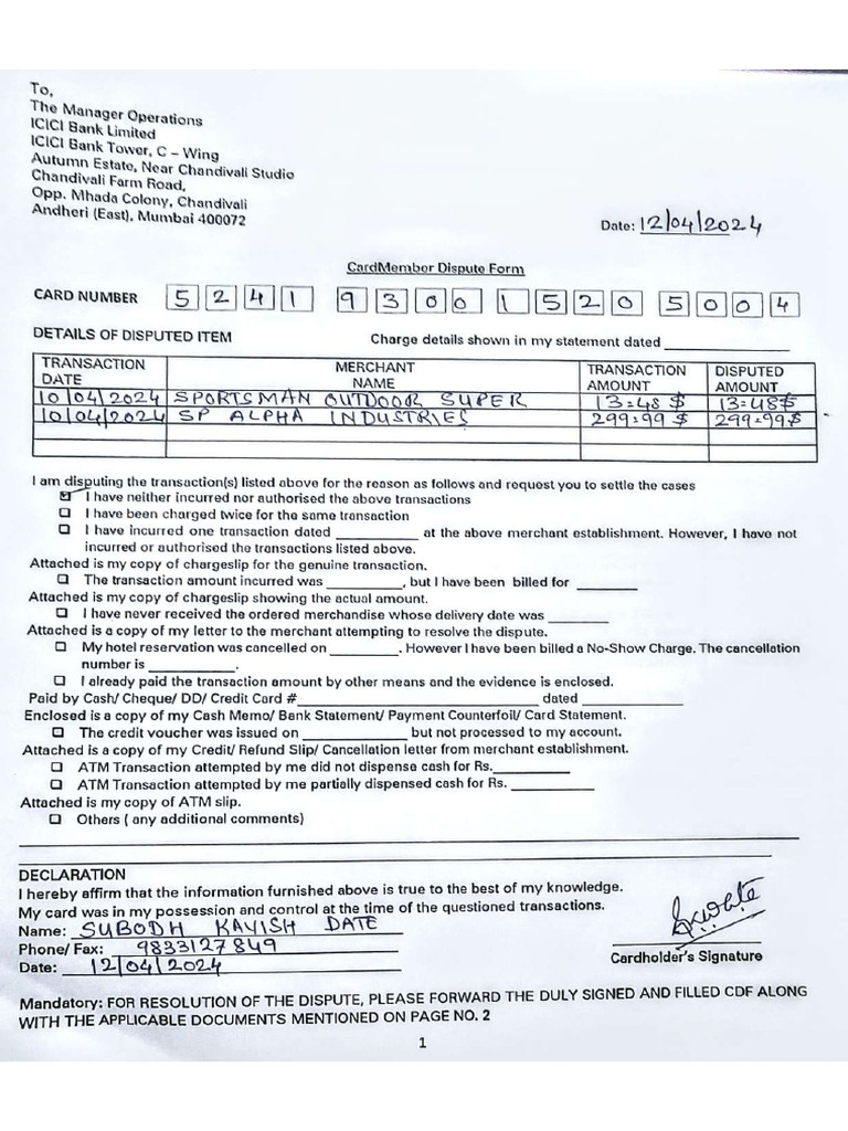 Icici Dispute Form Pdf