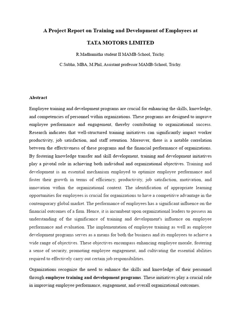 A Project Report On Training And Development Of Employees At Tata