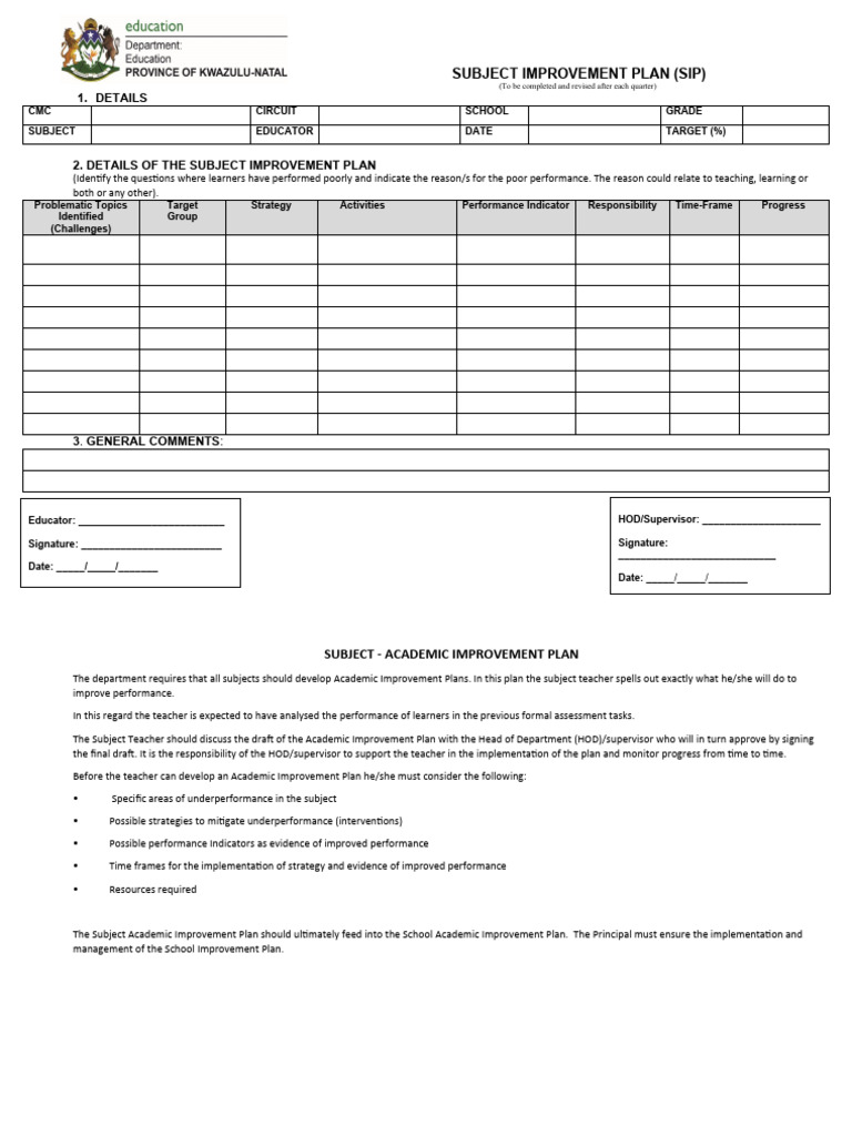 Subject Improvement Plan Template | PDF | Teachers | Learning