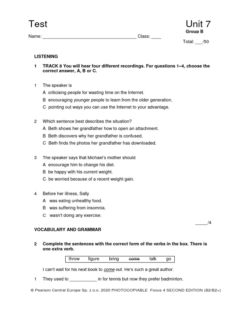 Focus4 2E Test Unit7 GroupB 1kol | PDF