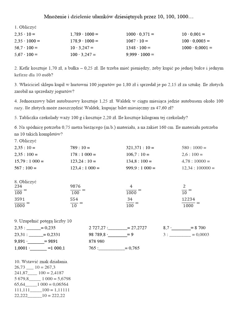 Mnożenie I Dzielenie Przez 10 100 I 1000 Zadania Pdf Mnożenie I Dzielenie Ułamków Dziesiętnych Przez 10 100 1000... | PDF