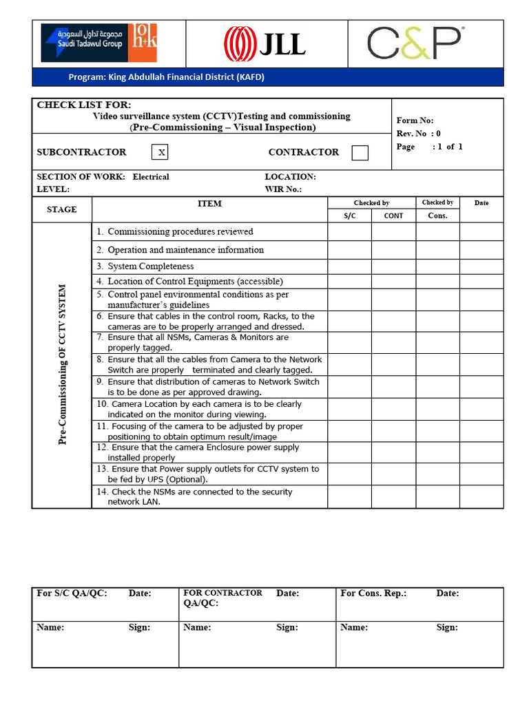 Checklist For Pre Commissioning of CCTV System | Download Free PDF