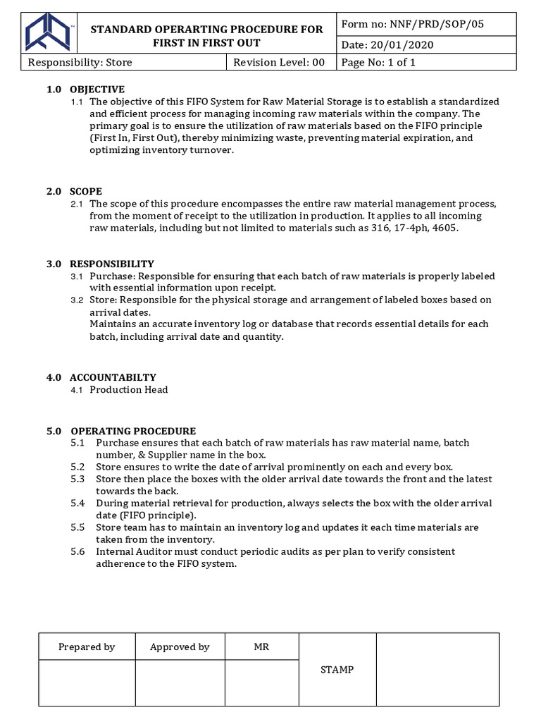 FIFO Raw Material Management SOP | PDF | Business