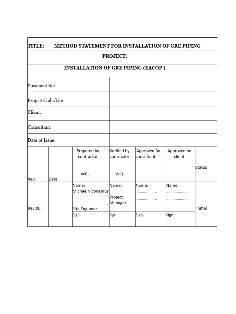 Method Statement For Installation of GRE Piping | PDF | Pipe (Fluid ...