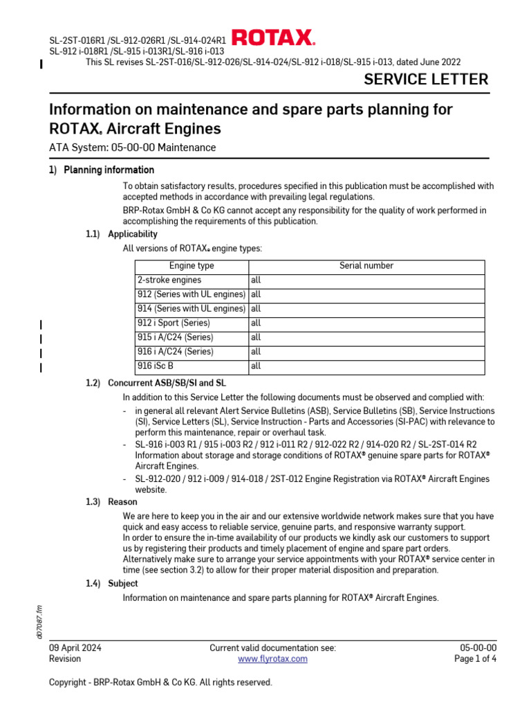 Service Letter Information On Maintenance and Spare Parts Planning For ...