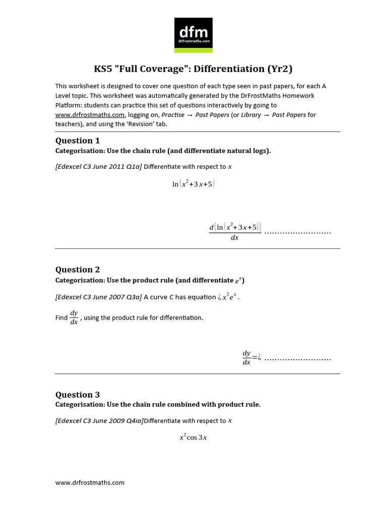 A Level Differentiation Practice Worksheet | PDF | Equations | Curve