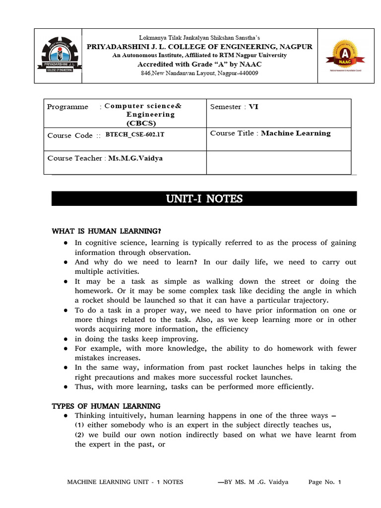 Ml unit 1 notes pdf machine learning