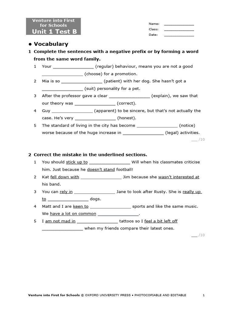 Venture into First Unit 1 Test B | PDF | Linguistics | Grammar