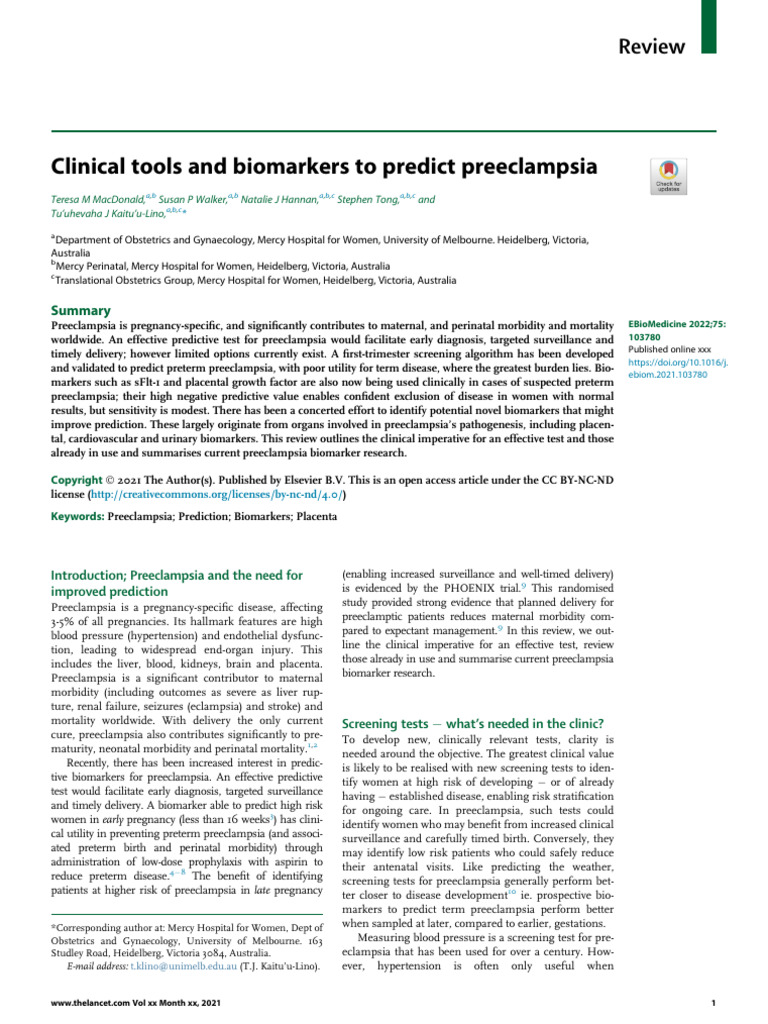 Clinical Tools and Biomarkers To Predict Preeclampsia | PDF | Preterm ...
