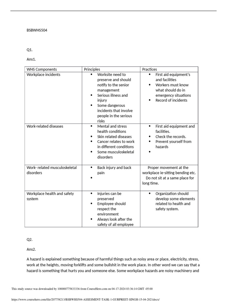 Course Hero 1 Pdf Occupational Safety And Health Risk
