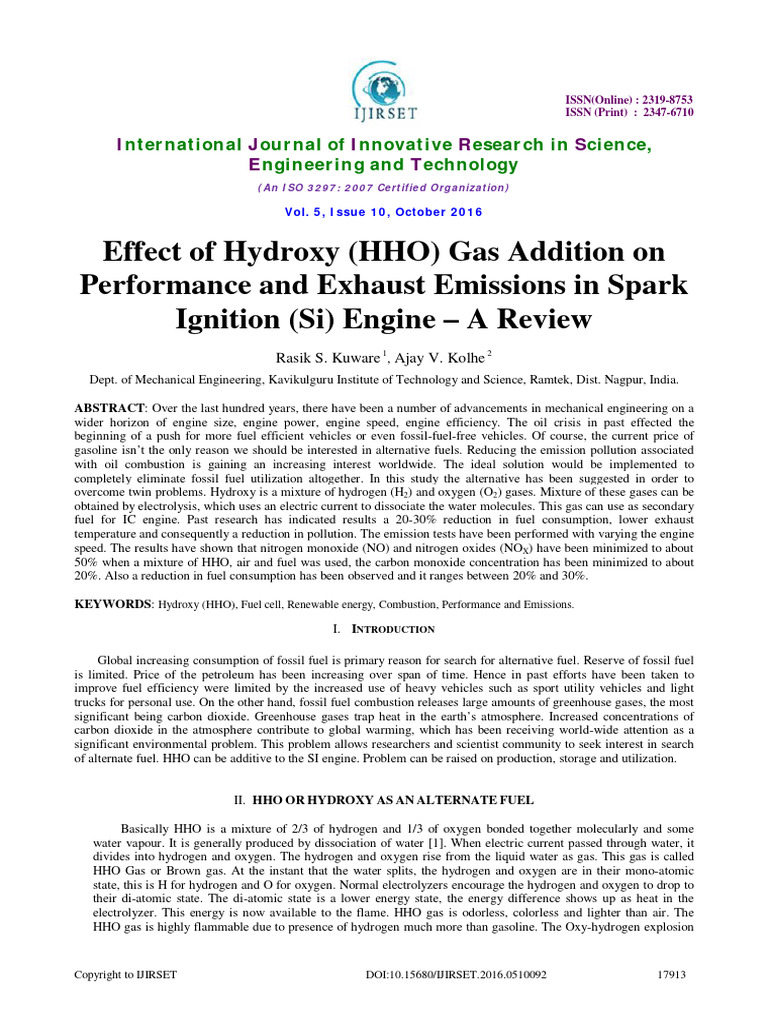 Effect of Hydroxy (HHO) Gas Addition On Performance and Exhaust ...
