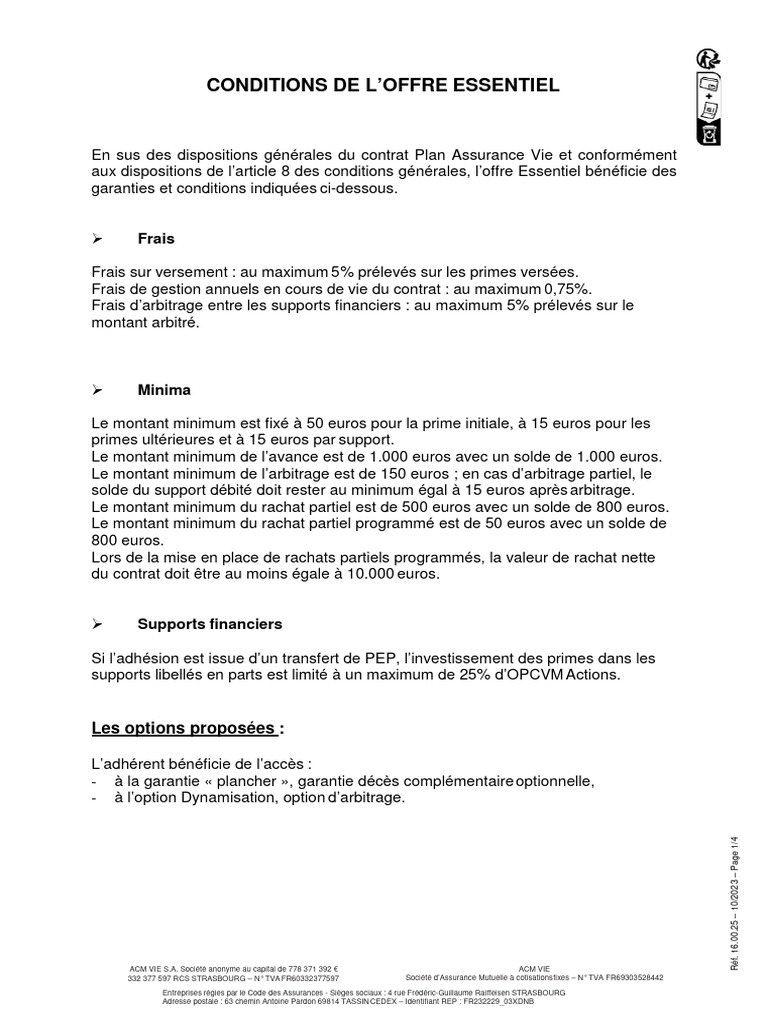 Offre Essentielle d'ACM VIE : Détails clés | PDF | Assurance ...