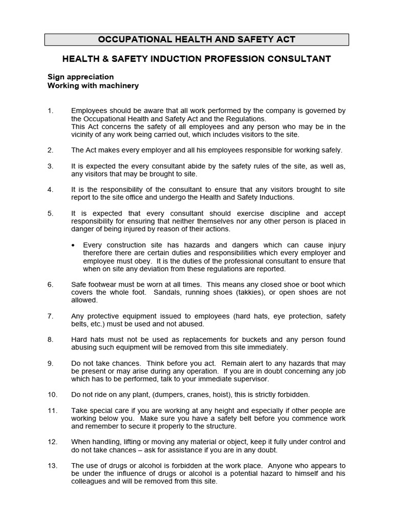 Occupational Health & Safety Induction Guide | PDF | Safety ...