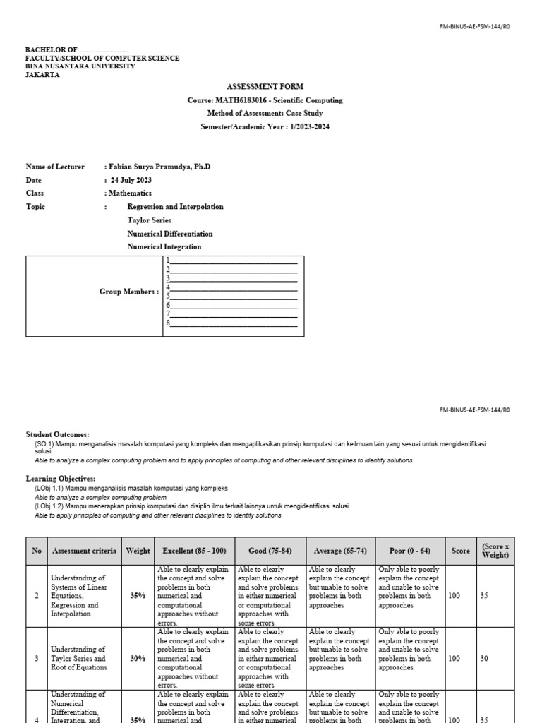 AoL Assessment Form MATH6183016 Scientific Computing JKT Odd 2324 | PDF ...