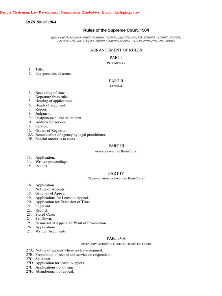 Supreme Court Rules of Zimbabwe, 1964 | PDF | Appeal | Judgment (Law)