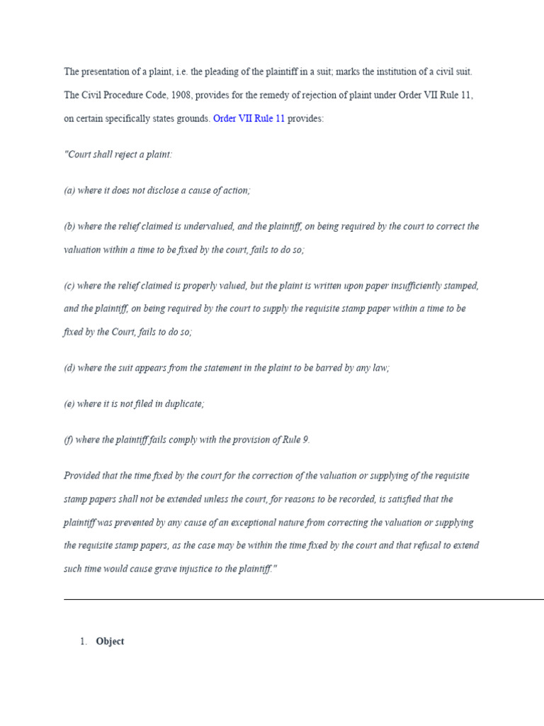Order 7 Rule 11: Rejection of Plaint Guide | PDF | Lawsuit | Federal ...