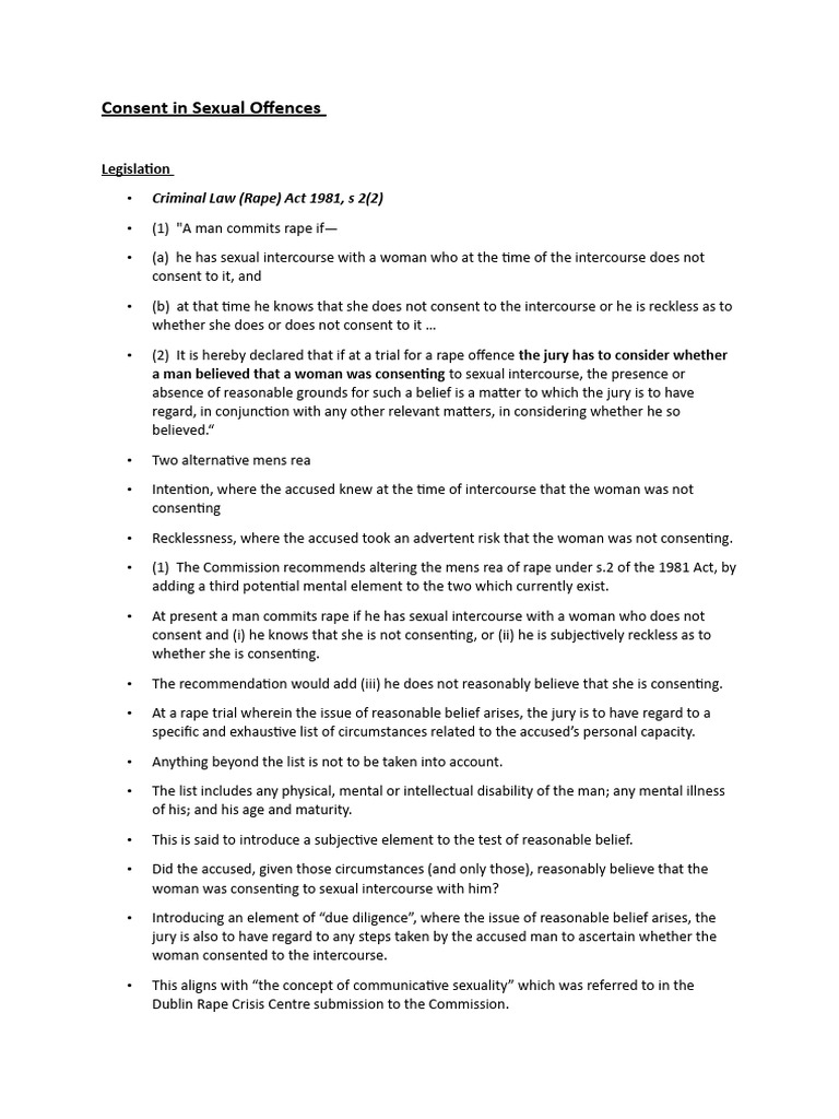Consent in Sexual Offences Tut Notes | PDF | Mens Rea | Rape