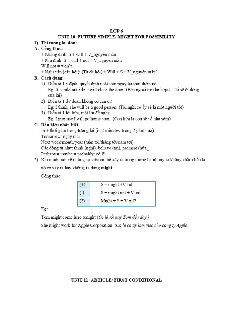 L P 6 Unit 10: Future Simple/ Might For Possibility 1) Thì Tương Lai ...