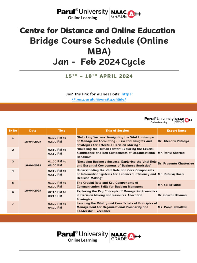 Online MBA Bridge Course Schedule 2024 | PDF