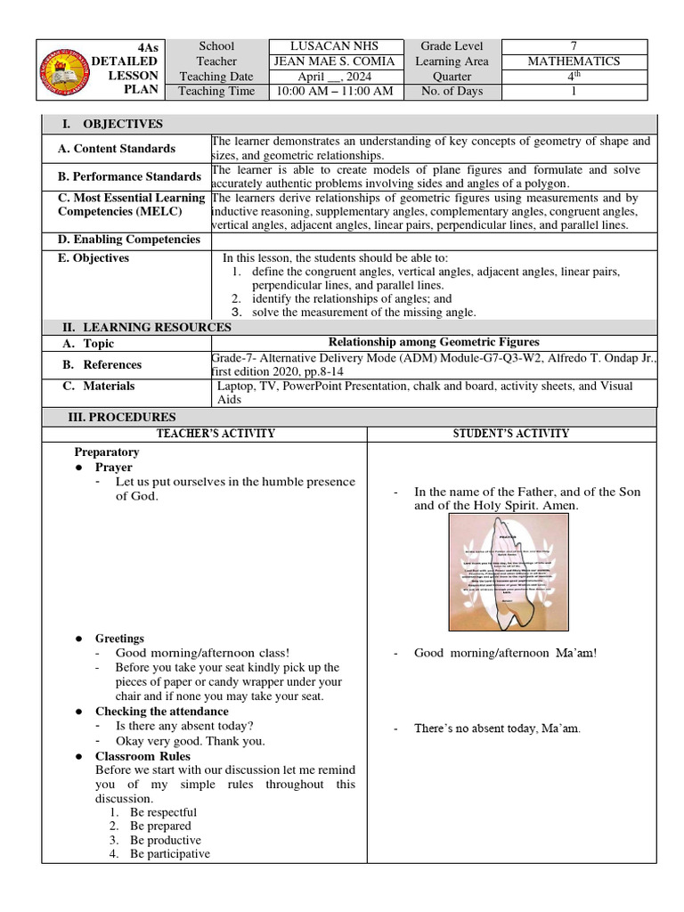 Grade 7 Geometry Lesson Plan | PDF | Angle | Perpendicular