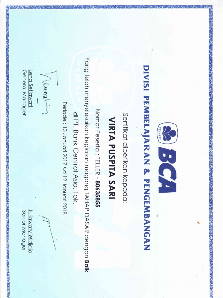 Sertifikat Bca 2018 | PDF