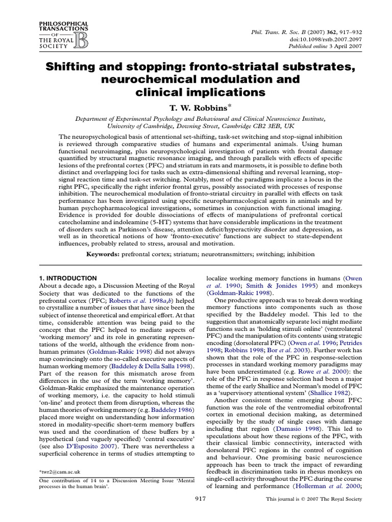 Robbins, 2007 | PDF | Prefrontal Cortex | Working Memory