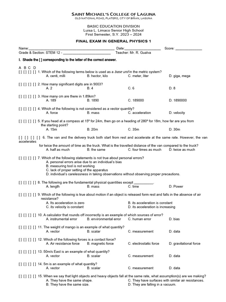 General Physics 1 Final Exam 2023-2024 | PDF | Force | Speed