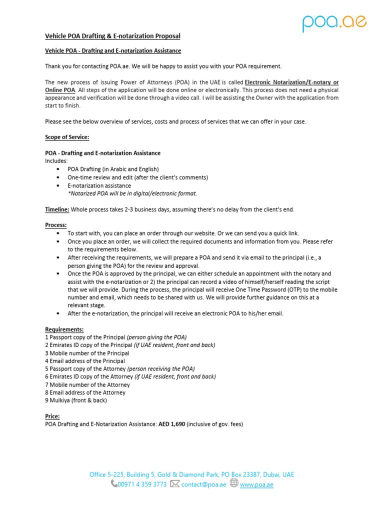 Vehicle POA Drafting & E-Notarization | PDF | United Arab Emirates