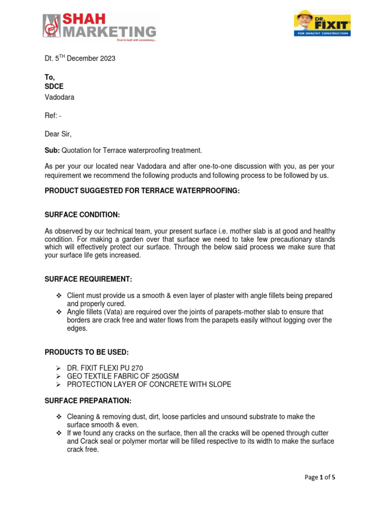 Terrace Waterproofing Quotation Details | PDF | Nonwoven Fabric | Concrete
