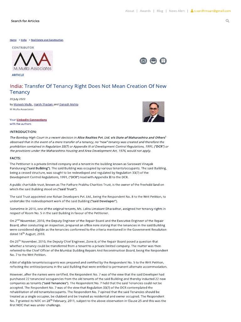 Transfer of Tenancy Right Does Not Mean Creation of New Tenancy | PDF